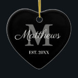 Custom name monogram black and white Christmas Ceramic Ornament<br><div class="desc">Custom family name monogram black and white Christmas Ceramic Ornament. Monogrammed heart shape ornament. Romantic design for him or her, couple, boyfriend, girlfriend, couple, husband and wife, newly weds, co worker, parents, grandparents etc. Add your own personalized initials and date. Great for 1st Christmas together and other romantic moments. Upload...</div>