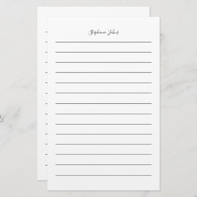 Custom Name Monogram Black Lines White Simple Stationery (Front/Back)
