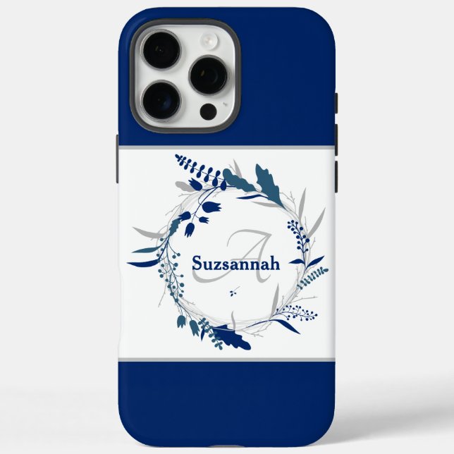 Custom Name Monogram Blue Floral Wreath Case-Mate iPhone Case (Back)