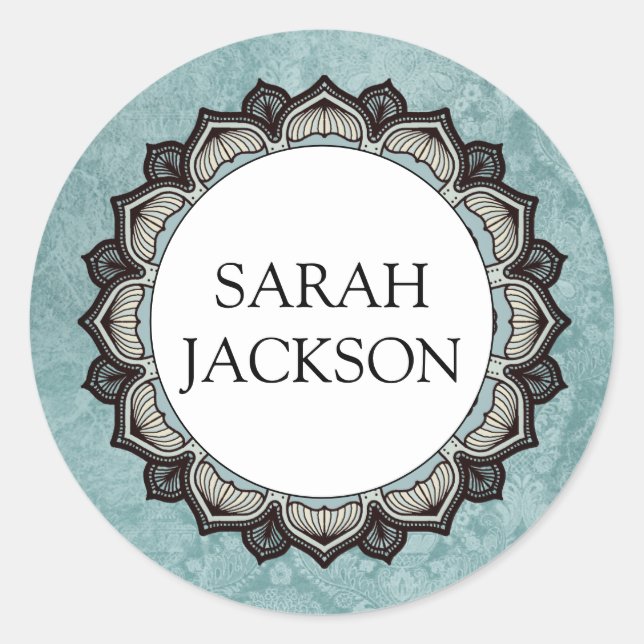 Custom Name Monogram Blue Grey Flower Petals Classic Round Sticker (Front)