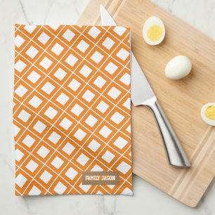 Custom name monogram chequered white orange kitchen towel