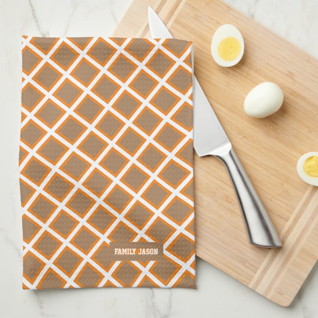 Custom name monogram diamonds brown white orange kitchen towel (Quarter Fold)