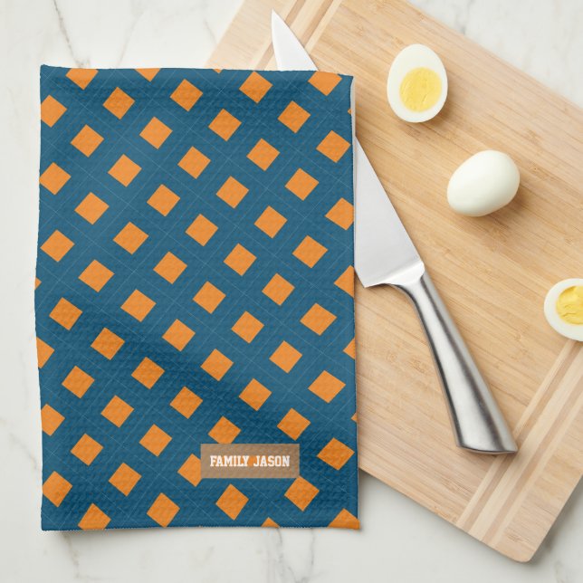 Custom name monogram diamonds navy blue orange kitchen towel (Quarter Fold)