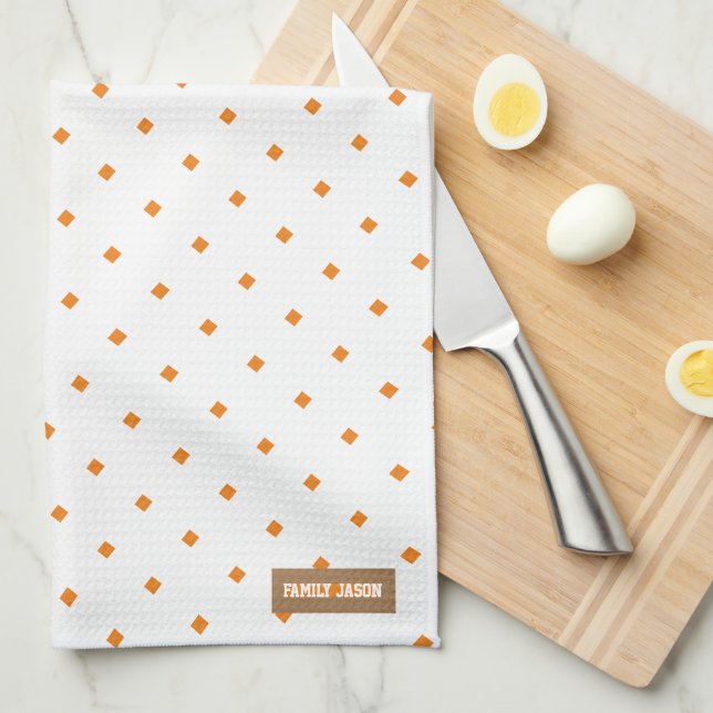 Custom name monogram diamonds pattern white orange kitchen towel (Quarter Fold)