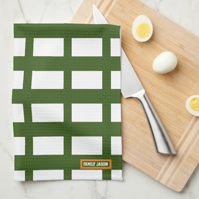 Custom name monogram diamonds stripes white green kitchen towel (Quarter Fold)