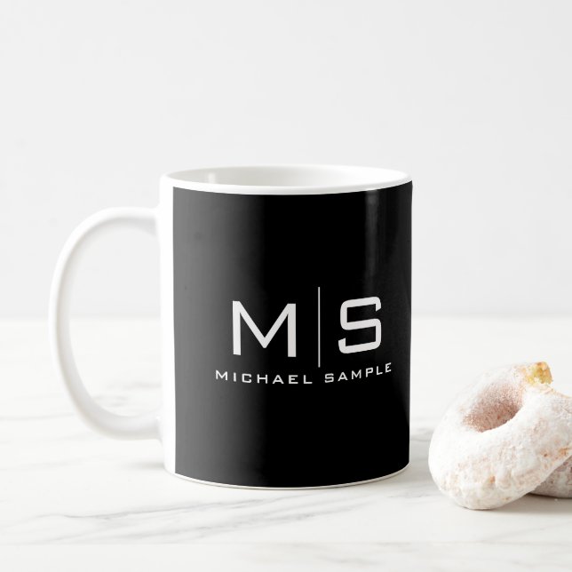 Custom Name Monogram Elegant Black And White Coffee Mug (With Donut)