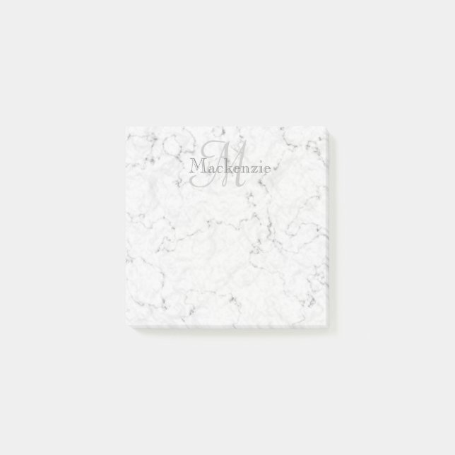 Custom Name Monogram Elegant Marble White Grey Post-it Notes (Front)