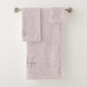 Custom Name Monogram Elegant Pink Grey Marble Bath Towel Set