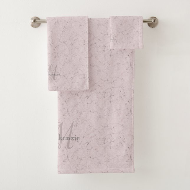 Custom Name Monogram Elegant Pink Grey Marble Bath Towel Set (Insitu)
