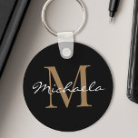 Custom Name Monogram Glamourous Script Black Keychain<br><div class="desc">Create your own personalized black round keychain with your custom glam handwritten script name and monogram.</div>