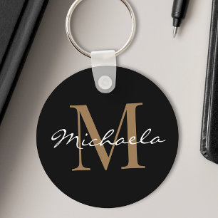 Custom Name Monogram Glamourous Script Black Keychain