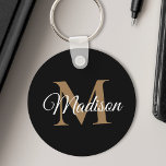 Custom Name Monogram Handwriting Script Black Keychain<br><div class="desc">Create your own personalized black round keychain with your custom elegant handwritten script name and monogram.</div>