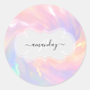 Custom Name Monogram Holographic Unicorn Pink VIP Classic Round Sticker