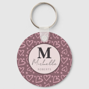 Custom Name Monogram Initial Doodle Hearts  Keychain