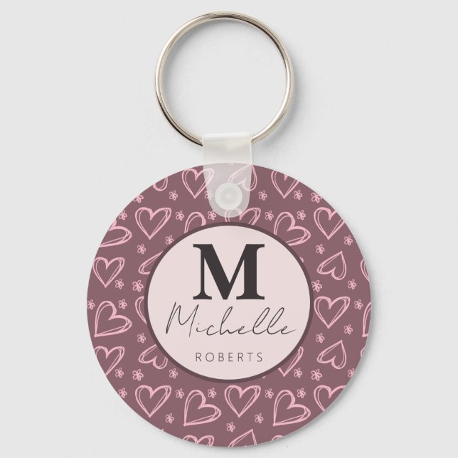 Custom Name Monogram Initial Doodle Hearts  Keychain (Front)