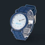 Custom Name Monogram Kids Boys Modern Cool Blue Watch<br><div class="desc">Custom, personalized, kids boys fun cool cute trendy stylish blue silicone strap, plastic case, wrist watch featuring your name / monogram / initials in black and dark blue on light blue colour dial. . Simply type in the name, to customize. Go ahead create a wonderful, custom watch for the lil...</div>
