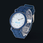 Custom Name Monogram Kids Boys Modern Cool Blue Watch<br><div class="desc">Custom, personalized, kids boys fun cool cute trendy stylish blue silicone strap, plastic case, wrist watch featuring your name / monogram / initials in black and dark blue on light blue colour dial. . Simply type in the name, to customize. Go ahead create a wonderful, custom watch for the lil...</div>