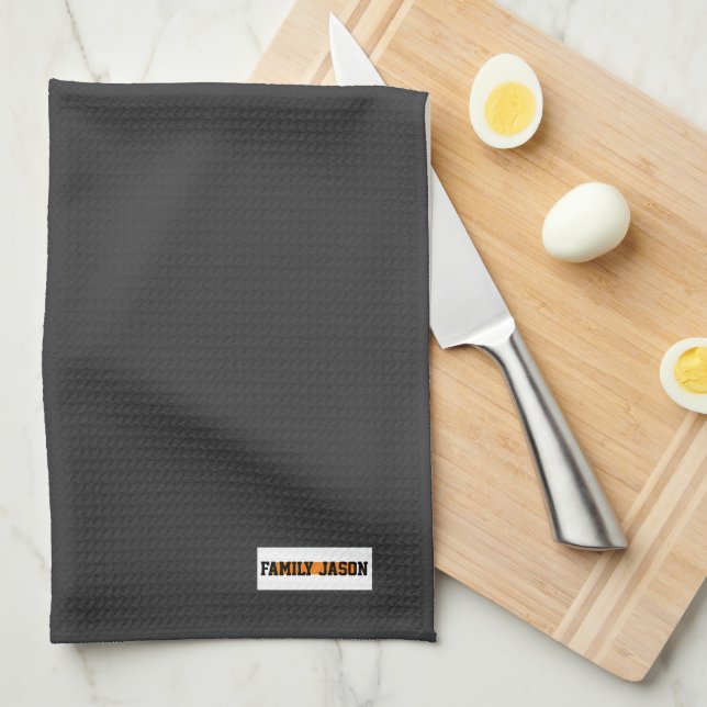 Custom name monogram modern design trendy black kitchen towel (Quarter Fold)