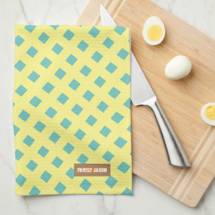 Custom name monogram modern pattern yellow blue kitchen towel