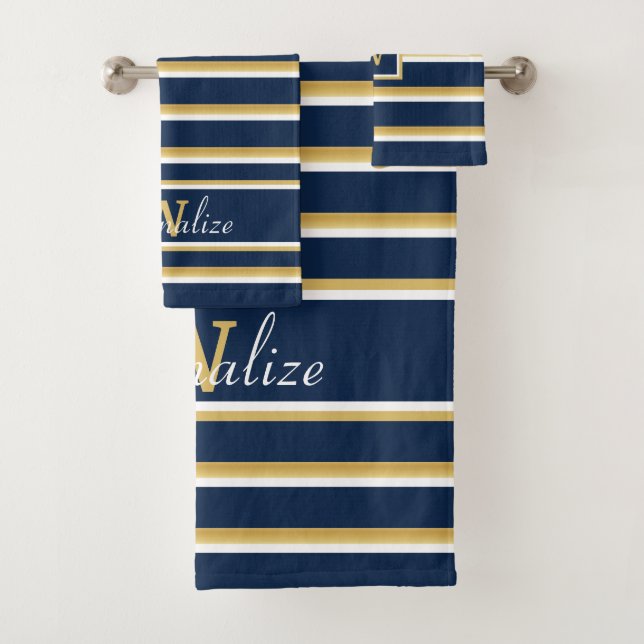 Custom Name Monogram Navy Blue Gold White Stripes  Bath Towel Set (Insitu)