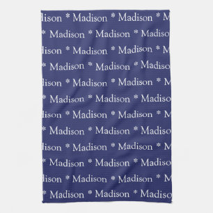 Custom name monogram navy blue white pattern kitchen towel