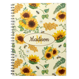 Custom Name Monogram Notebook Sunflowers Honey Bee