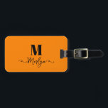 Custom Name Monogram Orange Valentine's Day Gift Luggage Tag<br><div class="desc">Custom name,  initial templates and also personal details like name,  address,  phone number and email all of which you can edit. Designed with attractive solid bright orange colour background with black colour texts,  you can change both the colours if you wish.</div>