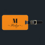 Custom Name Monogram Orange Valentine's Day Gift Luggage Tag<br><div class="desc">Custom name,  initial templates and also personal details like name,  address,  phone number and email all of which you can edit. Designed with attractive solid bright orange colour background with black colour texts,  you can change both the colours if you wish.</div>