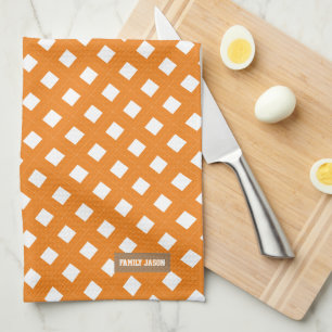 Custom name monogram orange white pattern diamonds kitchen towel