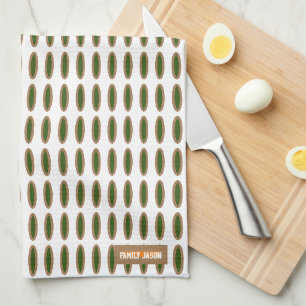 Custom name monogram oval pattern white green chic kitchen towel
