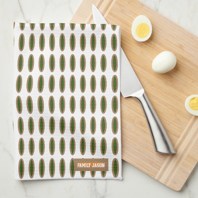 Custom name monogram oval pattern white green chic kitchen towel (Quarter Fold)