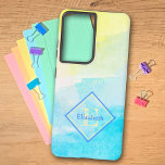 Custom Name Monogram Pastel Cotton Candy Colours Samsung Galaxy Case<br><div class="desc">This design features yellow and blue cotton candy colour pastel watercolor with a blue and yellow diamond framed name and initial letter monogram. Fill in the personalize text fields with a name and initial, remove on or the other or edit using the design too to select a font style, size...</div>