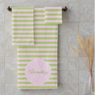 Custom Name Monogram Pastel Pink Green Striped Bath Towel Set