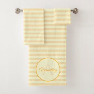 Custom Name Monogram Pastel Yellow Orange Striped Bath Towel Set