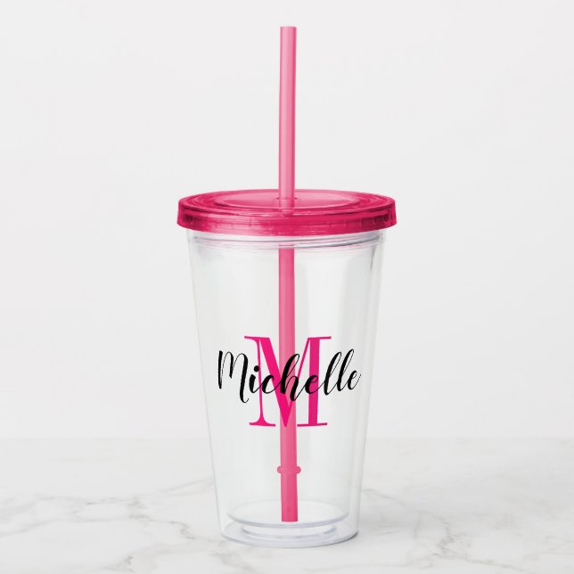 Custom name monogram pink acrylic tumbler glasses (Front)