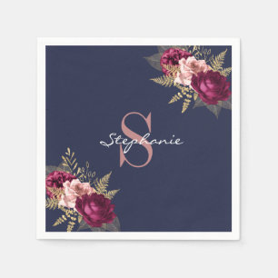 Custom Name Monogram Pink Burgundy Gold Floral Napkin