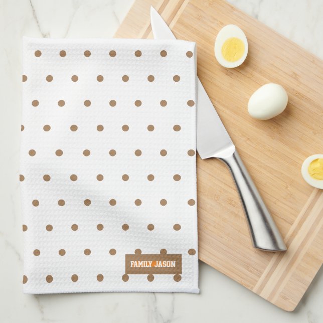 Custom name monogram polka dots white brown summer kitchen towel (Quarter Fold)