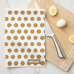 Custom name monogram polka dots white orange green kitchen towel