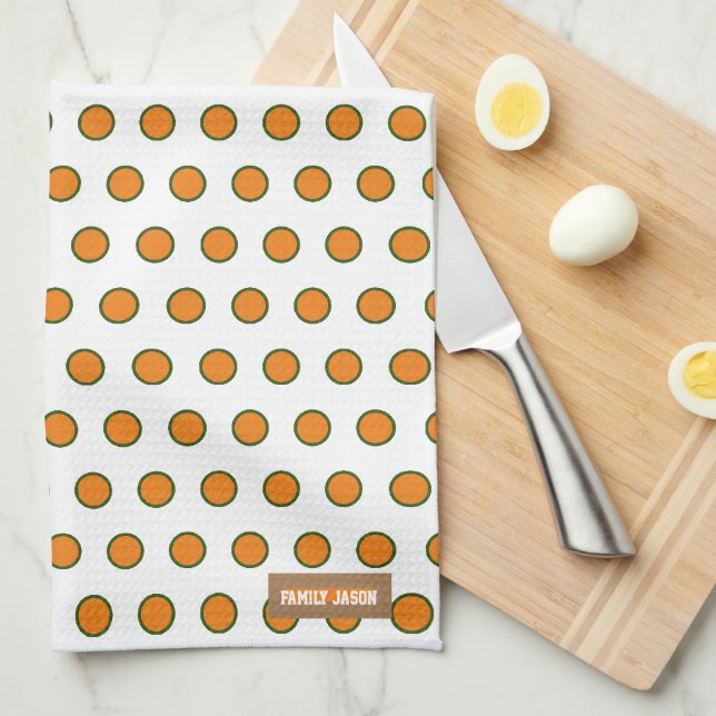 Custom name monogram polka dots white orange green kitchen towel (Quarter Fold)