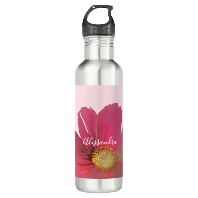 Custom Name Monogram Red Flower Pastel Pink Floral 710 Ml Water Bottle (Front)