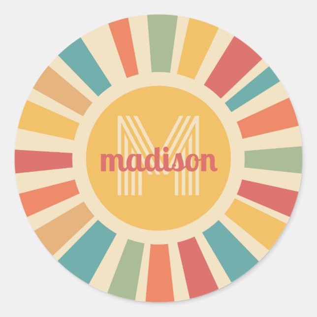 Custom Name & Monogram Retro Stripes Classic Round Sticker (Front)