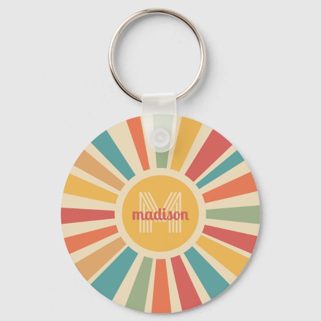 Custom Name & Monogram Retro Stripes Keychain (Back)