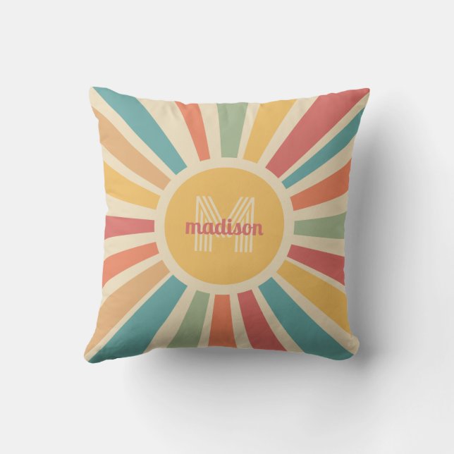 Custom Name & Monogram Retro Stripes Outdoor Pillow (Back)