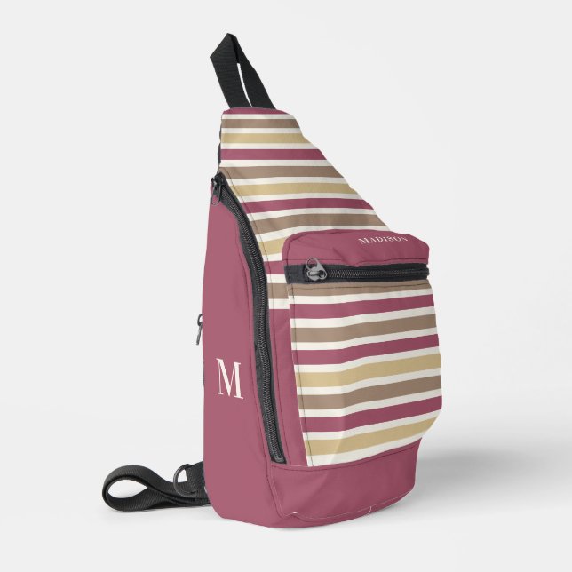 Custom Name & Monogram Retro Stripes Pattern Sling Bag (Left Corner)