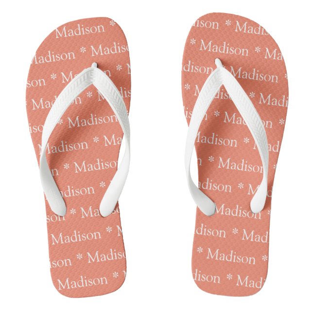 Custom name monogram salmon white pattern flip flops (Footbed)