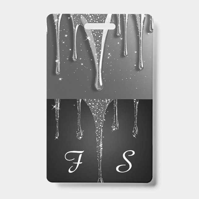Custom name Monogram Silver Glitter Drips  Badge (Front)