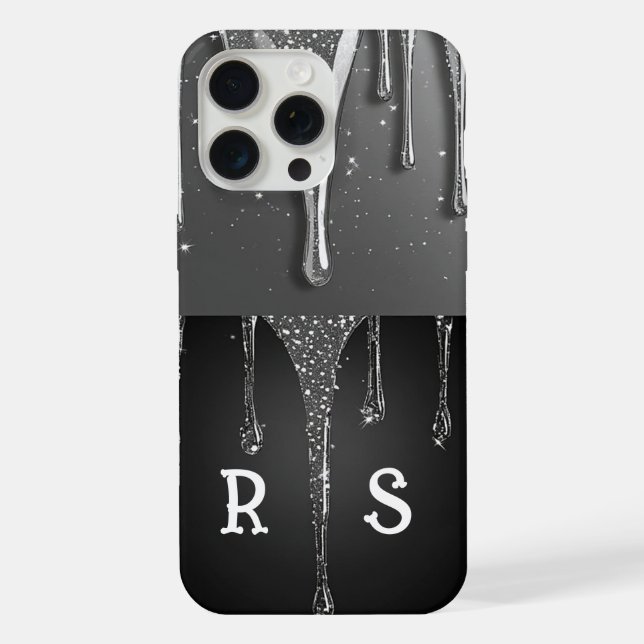 Custom name Monogram Silver Glitter Drips iPhone Case (Back)