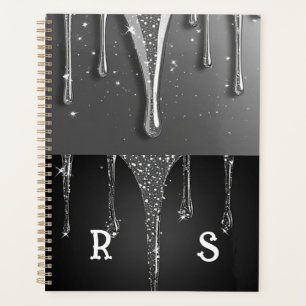 Custom name Monogram Silver Glitter Drips Planner