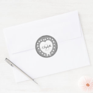 Custom Name Monogram Silver Glitter White Heart Classic Round Sticker