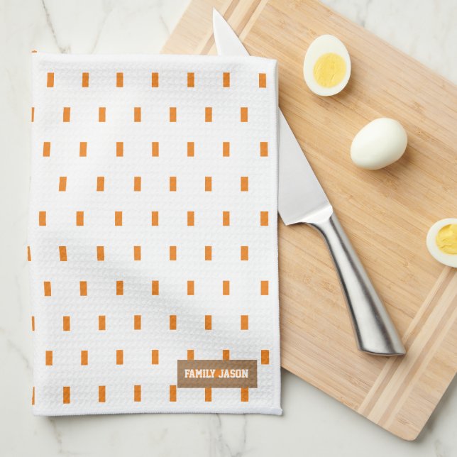 Custom name monogram squares dots white orange kitchen towel (Quarter Fold)